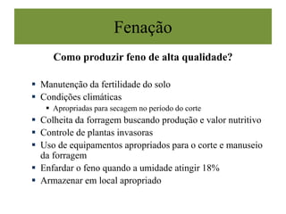 Fenação
Como produzir feno de alta qualidade?
 Manutenção da fertilidade do solo
 Condições climáticas
 Apropriadas para secagem no período do corte
 Colheita da forragem buscando produção e valor nutritivo
 Controle de plantas invasoras
 Uso de equipamentos apropriados para o corte e manuseio
da forragem
 Enfardar o feno quando a umidade atingir 18%
 Armazenar em local apropriado
 