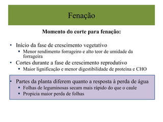 Fenação
Momento do corte para fenação:
• Início da fase de crescimento vegetativo
 Menor rendimento forrageiro e alto teor de umidade da
forrageira
• Cortes durante a fase de crescimento reprodutivo
 Maior lignificação e menor digestibilidade de proteína e CHO
• Partes da planta diferem quanto a resposta à perda de água
 Folhas de leguminosas secam mais rápido do que o caule
 Propicia maior perda de folhas
 