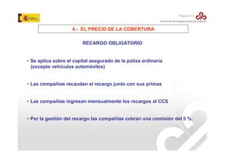 Página 12

4.- EL PRECIO DE LA COBERTURA
RECARGO OBLIGATORIO

• Se aplica sobre el capital asegurado de la póliza ordinaria
(excepto vehículos automóviles)

• Las compañías recaudan el recargo junto con sus primas

• Las compañías ingresan mensualmente los recargos al CCS

• Por la gestión del recargo las compañías cobran una comisión del 5 %.

 