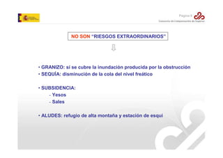 Página 9

NO SON “RIESGOS EXTRAORDINARIOS”

• GRANIZO: sí se cubre la inundación producida por la obstrucción
• SEQUÍA: disminución de la cola del nivel freático
• SUBSIDENCIA:
- Yesos
- Sales
• ALUDES: refugio de alta montaña y estación de esquí

 
