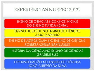 EXPERIÊNCIAS NUEPEC 20122
ENSINO DE CIÊNCIAS NOS ANOS INICIAIS
DO ENSINO FUNDAMENTAL
ENSINO DE SAÚDE NO ENSINO DE CIÊNCIAS
JULIO MARINHO
ENSINO DE ASTRONOMIA NO ENSINO DE CIÊNCIAS
ROBERTA CHIESA BARTELMEBS
HISTÓRIA DA CIÊNCIA NO ENSINO DE CIÊNCIAS
GRASIELE RUIZ
EXPERIMENTAÇÃO NO ENSINO DE CIÊNCIAS
JOÃO ALBERTO DA SILVA
 
