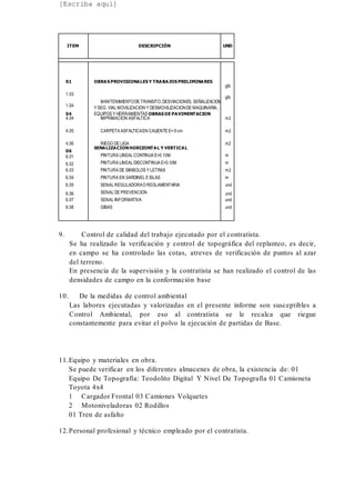[Escriba aquí]
9. Control de calidad del trabajo ejecutado por el contratista.
Se ha realizado la verificación y control de topográfica del replanteo, es decir,
en campo se ha controlado las cotas, atreves de verificación de puntos al azar
del terreno.
En presencia de la supervisión y la contratista se han realizado el control de las
densidades de campo en la conformación base
10. De la medidas de control ambiental
Las labores ejecutadas y valorizadas en el presente informe son susceptibles a
Control Ambiental, por eso al contratista se le recalca que riegue
constantemente para evitar el polvo la ejecución de partidas de Base.
11.Equipo y materiales en obra.
Se puede verificar en los diferentes almacenes de obra, la existencia de: 01
Equipo De Topografía: Teodolito Digital Y Nivel De Topografía 01 Camioneta
Toyota 4x4
1 Cargador Frontal 03 Camiones Volquetes
2 Motoniveladoras 02 Rodillos
01 Tren de asfalto
12.Personal profesional y técnico empleado por el contratista.
ITEM DESCRIPCIÓN UND
01 OBRAS PROVISIONALES Y TRABAJOS PRELIMINARES
1.03
1.04
04
MANTENIMIENTODE TRANSITO,DESVIACIONES, SEÑALIZACION
Y SEG. VIAL MOVILIZACION Y DESMOVILIZACIONDE MAQUINARIA,
EQUIPOS Y HERRAMIENTAS OBRAS DE PAVIMENTACION
glb
glb
4.04 IMPRIMACION ASFALTICA m2
4.05 CARPETA ASFALTICAEN CALIENTE E= 9 cm m2
4.06 RIEGO DE LIGA m2
06
SEÑALIZACIONHORIZONTAL Y VERTICAL
6.01 PINTURA LINEAL CONTINUA E=0.10M. m
6.02 PINTURA LINEAL DISCONTINUA E=0.10M m
6.03 PINTURA DE SIMBOLOS Y LETRAS m2
6.04 PINTURA EN SARDINEL E ISLAS m
6.05 SEÑAL REGULADORAO REGLAMENTARIA und
6.06 SEÑAL DE PREVENCION und
6.07 SEÑAL INFORMATIVA und
6.08 GIBAS und
 