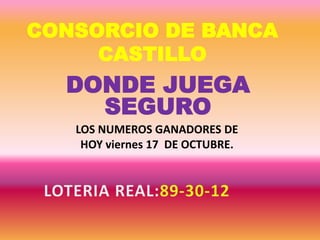 CONSORCIO DE BANCA 
CASTILLO 
DONDE JUEGA 
SEGURO 
LOS NUMEROS GANADORES DE 
HOY viernes 17 DE OCTUBRE. 
