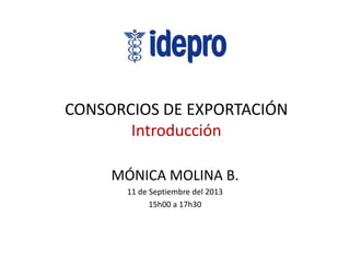 CONSORCIOS DE EXPORTACIÓN
Introducción
MÓNICA MOLINA B.
11 de Septiembre del 2013
15h00 a 17h30
 