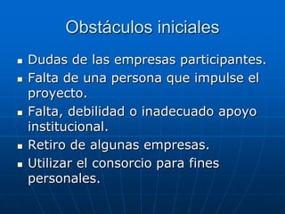 Obstáculos iniciales









Dudas de las empresas participantes.
Falta de una persona que impulse el
proyecto.
Falta, debilidad o inadecuado apoyo
institucional.
Retiro de algunas empresas.
Utilizar el consorcio para fines
personales.

 