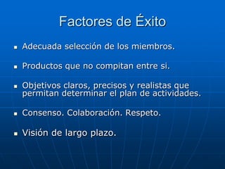 Factores de Éxito


Adecuada selección de los miembros.



Productos que no compitan entre si.



Objetivos claros, precisos y realistas que
permitan determinar el plan de actividades.



Consenso. Colaboración. Respeto.



Visión de largo plazo.

 