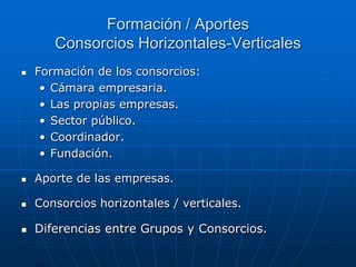 Formación / Aportes
Consorcios Horizontales-Verticales


Formación de los consorcios:
• Cámara empresaria.
• Las propias empresas.
• Sector público.
• Coordinador.
• Fundación.



Aporte de las empresas.



Consorcios horizontales / verticales.



Diferencias entre Grupos y Consorcios.

 