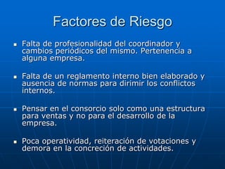 Factores de Riesgo








Falta de profesionalidad del coordinador y
cambios periódicos del mismo. Pertenencia a
alguna empresa.
Falta de un reglamento interno bien elaborado y
ausencia de normas para dirimir los conflictos
internos.
Pensar en el consorcio solo como una estructura
para ventas y no para el desarrollo de la
empresa.
Poca operatividad, reiteración de votaciones y
demora en la concreción de actividades.

 