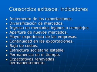 Consorcios exitosos: indicadores











Incremento de las exportaciones.
Diversificación de mercados.
Ingreso en mercados lejanos o complejos.
Apertura de nuevos mercados.
Mayor experiencia de las empresas.
Continuidad en las exportaciones.
Baja de costos.
Estructura societaria estable.
Permanencia en el tiempo.
Expectativas renovadas
permanentemente.

 