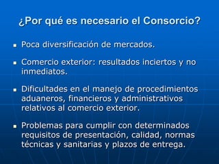 ¿Por qué es necesario el Consorcio?








Poca diversificación de mercados.
Comercio exterior: resultados inciertos y no
inmediatos.

Dificultades en el manejo de procedimientos
aduaneros, financieros y administrativos
relativos al comercio exterior.
Problemas para cumplir con determinados
requisitos de presentación, calidad, normas
técnicas y sanitarias y plazos de entrega.

 
