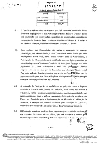 Junta Comercial do Estado de Minas Gerais
Certifico que este documento da empresa CONSORCIO VEINE - SANTA AMALIA, Nire 31500216415, foi deferido e arquivado sob o nº
31500216415 em 29/10/2010. Para validar este documento, acesse www.jucemg.mg.gov.br e informe nº do protocolo C161000330586 e o código
de segurança 8mzO Esta cópia foi autenticada digitalmente e assinada em 29/02/2016 por Marinely de Paula Bomfim – Secretária-Geral.
pág. 5/26
 