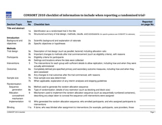 CONSORT 2010 checklist Page 1
CONSORT 2010 checklist of information to include when reporting a randomised trial*
Section/Topic
Item
No Checklist item
Reported
on page No
Title and abstract
1a Identification as a randomised trial in the title
1b Structured summary of trial design, methods, results, and conclusions (for specific guidance see CONSORT for abstracts)
Introduction
Background and
objectives
2a Scientific background and explanation of rationale
2b Specific objectives or hypotheses
Methods
Trial design 3a Description of trial design (such as parallel, factorial) including allocation ratio
3b Important changes to methods after trial commencement (such as eligibility criteria), with reasons
Participants 4a Eligibility criteria for participants
4b Settings and locations where the data were collected
Interventions 5 The interventions for each group with sufficient details to allow replication, including how and when they were
actually administered
Outcomes 6a Completely defined pre-specified primary and secondary outcome measures, including how and when they
were assessed
6b Any changes to trial outcomes after the trial commenced, with reasons
Sample size 7a How sample size was determined
7b When applicable, explanation of any interim analyses and stopping guidelines
Randomisation:
Sequence
generation
8a Method used to generate the random allocation sequence
8b Type of randomisation; details of any restriction (such as blocking and block size)
Allocation
concealment
mechanism
9 Mechanism used to implement the random allocation sequence (such as sequentially numbered containers),
describing any steps taken to conceal the sequence until interventions were assigned
Implementation 10 Who generated the random allocation sequence, who enrolled participants, and who assigned participants to
interventions
Blinding 11a If done, who was blinded after assignment to interventions (for example, participants, care providers, those
 
