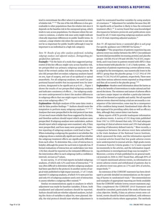 RESEARCH METHODS  REPORTING 
made for nominated baseline variables by using analysis 
of covariance.8YU Adjustment for variables because they dif-fer 
significantly at baseline is likely to bias the estimated 
treatment eFect.8YU A survey found that unacknowledged 
discrepancies between protocols and publications were 
found for all GH trials reporting subgroup analyses and for 
GS of GY trials reporting adjusted analyses.MG 
Item 19. All important harms or unintended effects in each group 
For specific guidance see CONSORT for harms.TG 
Example—“The proportion of patients experiencing any 
adverse event was similar between the rBPIG8 [recombinant 
bactericidal/permeability-increasing protein] and placebo 
groups: 8LY (YY.T%) of 8MN and 8YN (YY.U%) of GNS, respec-tively, 
and it was lower in patients treated with rBPIG8 than 
in those treated with placebo for 88 of 8G body systems … the 
proportion of patients experiencing a severe adverse event, 
as judged by the investigators, was numerically lower in the 
rBPIG8 group than the placebo group: HS (GU.M%) of 8MN 
versus UT (SL.H%) of GNS patients, respectively. There were 
only three serious adverse events reported as drug-related 
and they all occurred in the placebo group.”GHN 
Explanation—Readers need information about the harms as 
well as the benefits of interventions to make rational and bal-anced 
decisions. The existence and nature of adverse eFects 
can have a major impact on whether a particular interven-tion 
will be deemed acceptable and useful. Not all reported 
adverse events observed during a trial are necessarily a con-sequence 
of the intervention; some may be a consequence 
of the condition being treated. Randomised trials oFer the 
best approach for providing safety data as well as eCcacy 
data, although they cannot detect rare harms. 
Many reports of RCTs provide inadequate information 
on adverse events. A survey of 8MG drug trials published 
from 8MLU to 8MMM showed that only SM% had adequate 
reporting of clinical adverse events and GM% had adequate 
reporting of laboratory defined toxicity.UG More recently, a 
comparison between the adverse event data submitted 
to the trials database of the National Cancer Institute, 
which sponsored the trials, and the information reported 
in journal articles found that low grade adverse events 
were underreported in journal articles. High grade events 
(Common Toxicity Criteria grades S to H) were reported 
inconsistently in the articles, and the information regard-ing 
attribution to investigational drugs was incomplete.GH8 
Moreover, a review of trials published in six general medi-cal 
journals in GNNL to GNNU found that, although YM% of 
8SS reports mentioned adverse events, no information on 
severe adverse events and withdrawal of patients due to 
an adverse event was given on GU% and TY% of articles, 
respectively.GHG 
An extension of the CONSORT statement has been devel-oped 
to provide detailed recommendations on the report-ing 
of harms in randomised trials.TG Recommendations 
and examples of appropriate reporting are freely available 
from the CONSORT website (www.consort-statement.org). 
They complement the CONSORT GN8N Statement and 
should be consulted, particularly if the study of harms was 
a key objective. Briefly, if data on adverse events were col-lected, 
events should be listed and defined, with reference 
to standardised criteria where appropriate. The methods 
tend to overestimate the eFect when it is presented in terms 
of relative risk.GTS-GTH The size of the risk diFerence is less gen-eralisable 
to other populations than the relative risk since it 
depends on the baseline risk in the unexposed group, which 
tends to vary across populations. For diseases where the out-come 
is common, a relative risk near unity might indicate 
clinically important diFerences in public health terms. In 
contrast, a large relative risk when the outcome is rare may 
not be so important for public health (although it may be 
important to an individual in a high risk category). 
Item 18. Results of any other analyses performed, including 
subgroup analyses and adjusted analyses, distinguishing pre-specified 
from exploratory 
Example—“On the basis of a study that suggested periop-erative 
C-blocker eCcacy might vary across baseline risk, 
we prespecified our primary subgroup analysis on the 
basis of the revised cardiac risk index scoring system. We 
also did prespecified secondary subgroup analyses based 
on sex, type of surgery, and use of an epidural or spinal 
anaesthetic. For all subgroup analyses, we used Cox pro-portional 
hazard models that incorporated tests for inter-actions, 
designated to be significant at pN.NH … Figure S 
shows the results of our prespecified subgroup analyses 
and indicates consistency of eFects … Our subgroup analy-ses 
were underpowered to detect the modest diFerences 
in subgroup eFects that one might expect to detect if there 
was a true subgroup eFect.”8NN 
Explanation—Multiple analyses of the same data create a 
risk for false positive findings.GTL Authors should resist the 
temptation to perform many subgroup analyses.8YS 8YH GTU 
Analyses that were prespecified in the trial protocol (see item 
GT) are much more reliable than those suggested by the data, 
and therefore authors should report which analyses were 
prespecified. If subgroup analyses were undertaken, authors 
should report which subgroups were examined, why, if they 
were prespecified, and how many were prespecified. Selec-tive 
reporting of subgroup analyses could lead to bias.GTY 
When evaluating a subgroup the question is not whether the 
subgroup shows a statistically significant result but whether 
the subgroup treatment eFects are significantly diFerent 
from each other. To determine this, a test of interaction is 
helpful, although the power for such tests is typically low. If 
formal evaluations of interaction are undertaken (see item 
8Gb) they should be reported as the estimated diFerence in 
the intervention eFect in each subgroup (with a confidence 
interval), not just as P values. 
In one survey, SH of HN trial reports included subgroup 
analyses, of which only TG% used tests of interaction.8YS It 
was often diCcult to determine whether subgroup analyses 
had been specified in the protocol. In another survey of sur-gical 
trials published in high impact journals, GU of UG trials 
reported HT subgroup analyses, of which M8% were post hoc 
and only L% of subgroup analyses used a test of interaction 
to assess whether a subgroup eFect existed.GTM 
Similar recommendations apply to analyses in which 
adjustment was made for baseline variables. If done, both 
unadjusted and adjusted analyses should be reported. 
Authors should indicate whether adjusted analyses, includ-ing 
the choice of variables to adjust for, were planned. Ide-ally, 
the trial protocol should state whether adjustment is 
BMJ Page 19 of 28 | ONLINE FIRST | bmj.com 
 