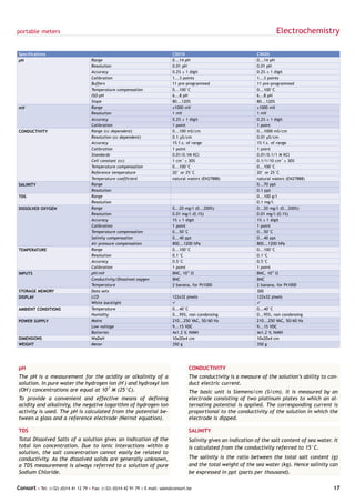 portable meters                                                                                                               Electrochemistry

Specifications                                                                  C5010                                C5020
pH                                    Range                                     0...14 pH                            0...14 pH
                                      Resolution                                0.01 pH                              0.01 pH
                                      Accuracy                                  0.2% ± 1 digit                       0.2% ± 1 digit
                                      Calibration                               1...3 points                         1...3 points
                                      Buffers                                   11 pre-programmed                    11 pre-programmed
                                      Temperature compensation                  0...100°C                            0...100°C
                                      ISO-pH                                    6...8 pH                             6...8 pH
                                      Slope                                     80...120%                            80...120%
mV                                    Range                                     ±1000 mV                             ±1000 mV
                                      Resolution                                1 mV                                 1 mV
                                      Accuracy                                  0.2% ± 1 digit                       0.2% ± 1 digit
                                      Calibration                               1 point                              1 point
CONDUCTIVITY                          Range (cc dependent)                      0...100 mS/cm                        0...1000 mS/cm
                                      Resolution (cc dependent)                 0.1 µS/cm                            0.01 µS/cm
                                      Accuracy                                  1% f.s. of range                     1% f.s. of range
                                      Calibration                               1 point                              1 point
                                      Standards                                 0.01/0.1M KCl                        0.01/0.1/1 M KCl
                                      Cell constant (cc)                        1 cm-1 ± 30%                         0.1/1/10 cm-1 ± 30%
                                      Temperature compensation                  0...100°C                            0...100°C
                                      Reference temperature                     20° or 25°C                          20° or 25°C
                                      Temperature coefficient                   natural waters (EN27888)             natural waters (EN27888)
SALINITY                              Range                                                                          0...70 ppt
                                      Resolution                                                                     0.1 ppt
TDS                                   Range                                                                          0...100 g/l
                                      Resolution                                                                     0.1 mg/l
DISSOLVED OXYGEN                      Range                                     0...20 mg/l (0...200%)               0...20 mg/l (0...200%)
                                      Resolution                                0.01 mg/l (0.1%)                     0.01 mg/l (0.1%)
                                      Accuracy                                  1% ± 1 digit                         1% ± 1 digit
                                      Calibration                               1 point                              1 point
                                      Temperature compensation                  0...50°C                             0...50°C
                                      Salinity compensation                     0...40 ppt                           0...40 ppt
                                      Air pressure compensation                 800...1200 hPa                       800...1200 hPa
TEMPERATURE                           Range                                     0...100°C                            0...100°C
                                      Resolution                                0.1°C                                0.1°C
                                      Accuracy                                  0.5°C                                0.5°C
                                      Calibration                               1 point                              1 point
INPUTS                                pH/mV                                     BNC, 1012 Ω                          BNC, 1012 Ω
                                      Conductivity/Dissolved oxygen             BNC                                  BNC
                                      Temperature                               2 banana, for Pt1000                 2 banana, for Pt1000
STORAGE MEMORY                        Data sets                                                                      300
DISPLAY                               LCD                                       122x32 pixels                        122x32 pixels
                                      White backlight                           ü                                    ü
AMBIENT CONDITIONS                    Temperature                               0...40°C                             0...40°C
                                      Humidity                                  0...95%, non condensing              0...95%, non condensing
POWER SUPPLY                          Mains                                     210...250 VAC, 50/60 Hz              210...250 VAC, 50/60 Hz
                                      Low voltage                               9...15 VDC                           9...15 VDC
                                      Batteries                                 4x1.2 V, NiMH                        4x1.2 V, NiMH
DIMENSIONS                            WxDxH                                     10x20x4 cm                           10x20x4 cm
WEIGHT                                Meter                                     350 g                                350 g




pH                                                                                      CONDUCTIVITY
The pH is a measurement for the acidity or alkalinity of a                              The conductivity is a measure of the solution’s ability to con-
solution. In pure water the hydrogen ion (H+) and hydroxyl ion                          duct electric current.
(OH-) concentrations are equal at 10-7 M (25°C).                                        The basic unit is Siemens/cm (S/cm). It is measured by an
To provide a convenient and effective means of defining                                 electrode consisting of two platinum plates to which an al-
acidity and alkalinity, the negative logarithm of hydrogen ion                          ternating potential is applied. The corresponding current is
activity is used. The pH is calculated from the potential be-                           proportional to the conductivity of the solution in which the
tween a glass and a reference electrode (Nernst equation).                              electrode is dipped.

TDS                                                                                     SALINITY
Total Dissolved Salts of a solution gives an indication of the                          Salinity gives an indication of the salt content of sea water. It
total ion concentration. Due to ionic interactions within a                             is calculated from the conductivity referred to 15°C.
solution, the salt concentration cannot easily be related to
conductivity. As the dissolved solids are generally unknown,                            The salinity is the ratio between the total salt content (g)
a TDS measurement is always referred to a solution of pure                              and the total weight of the sea water (kg). Hence salinity can
Sodium Chloride.                                                                        be expressed in ppt (parts per thousand).

Consort • Tel: (+32) (0)14 41 12 79 • Fax: (+32) (0)14 42 91 79 • E-mail: sales@consort.be                                                             17
 