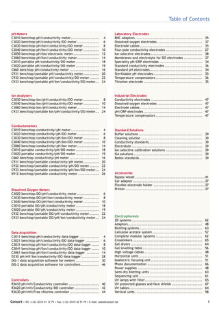 Table of Contents

pH Meters                                                                              Laboratory Electrodes
C3010 benchtop pH/conductivity meter .......................                 4         BNC adaptors .......................................................     35
C3020 benchtop pH/conductivity/DO meter ..................                   6         Dissolved oxygen electrodes .....................................        37
C3030 benchtop pH/Ion/conductivity/DO meter .............                    8         Electrode cables ...................................................     35
C3040 benchtop pH/Ion/conductivity/DO meter .............                   10         Four-pole conductivity electrodes ..............................         27
C3050 benchtop pH/bio-electronic meter .....................                12         Ion selective electrodes ..........................................      38
C3060 benchtop pH/Ion/conductivity meter ..................                 14         Membranes and electrolyte for DO electrodes ...............              37
C5010 portable pH/conductivity/DO meter ...................                 18         Speciality pH/ORP electrodes ...................................         34
C5020 portable pH/conductivity/DO meter ...................                 19         Standard conductivity electrodes ...............................         36
C860 benchtop pH/conductivity meter ........................                16         Standard pH electrodes...........................................        34
C931 benchtop/portable pH/conductivity meter.............                   20         Sterilisable pH electrodes ........................................      35
C932 benchtop/portable pH/conductivity/DO meter........                     22         Temperature compensators ......................................          36
C933 benchtop/portable pH/Ion/conductivity/DO meter...                      24         Titration electrode ................................................     35



Ion Analysers                                                                          Industrial Electrodes
C3030 benchtop Ion/pH/conductivity/DO meter ............. 8                            Conductivity electrodes ..........................................       47
C3040 benchtop Ion/pH/conductivity/DO meter ............. 10                           Dissolved oxygen electrodes .....................................        47
C3060 benchtop Ion/pH/conductivity meter .................. 14                         Electrode cables ...................................................     47
C933 benchtop/portable Ion/pH/conductivity/DO meter... 24                              pH/ORP electrodes ................................................       47
                                                                                       Temperature compensators ......................................          47


Conductometers
C3010 benchtop conductivity/pH meter .......................                 4         Standard Solutions
C3020 benchtop conductivity/pH/DO meter ..................                   6         Buffer solutions ....................................................    39
C3030 benchtop conductivity/pH/Ion/DO meter .............                    8         Cleaning solution ..................................................     39
C3040 benchtop conductivity/pH/Ion/DO meter .............                   10         Conductivity standards............................................       39
C3060 benchtop conductivity/pH/Ion meter ..................                 14         Electrolyte ..........................................................   39
C5010 portable conductivity/pH/DO meter ...................                 18         Ion selective calibration solutions ..............................       39
C5020 portable conductivity/pH/DO meter ...................                 19         ISA solutions ........................................................   39
C860 benchtop conductivity/pH meter ........................                16         Redox standards....................................................      39
C931 benchtop/portable conductivity/pH meter.............                   20
C932 benchtop/portable conductivity/pH/DO meter........                     22
C933 benchtop/portable conductivity/pH/Ion/DO meter...                      24
K912 benchtop/portable conductivity meter .................                 26         Accessories
                                                                                       Bypass vessel ......................................................... 41
                                                                                       Car adaptor ........................................................... 37
                                                                                       Flexible electrode holder .......................................... 37
Dissolved Oxygen Meters                                                                Printer ................................................................. 37
C3020 benchtop DO/pH/conductivity meter ..................                   6
C3030 benchtop DO/pH/Ion/conductivity meter .............                    8
C3040 benchtop DO/pH/Ion/conductivity meter .............                   10
C5010 portable DO/pH/conductivity meter ...................                 18
C5020 portable DO/pH/conductivity meter ...................                 19
C932 benchtop/portable DO/pH/conductivity meter........                     22
C933 benchtop/portable DO/pH/Ion/conductivity meter...                      24         Electrophoresis
                                                                                       2D systems ..........................................................    62
                                                                                       Adaptors.............................................................    48
                                                                                       Blotting systems....................................................     63
Data Acquisition                                                                       Cellulose acetate system .........................................       57
C3011 benchtop pH/conductivity data-logger ................                  4         Complete modular systems ......................................          62
C3021 benchtop pH/conductivity/DO data-logger ...........                    6         Crosslinkers .........................................................   65
C3031 benchtop pH/Ion/conductivity/DO data-logger ......                     8         Gel dryers ...........................................................   64
C3041 benchtop pH/Ion/conductivity/DO data-logger ......                    10         Gel levelling table .................................................    56
C3061 benchtop pH/Ion/conductivity data-logger ..........                   14         High voltage cables................................................      48
D230 pH/mV/Ion/conductivity/DO data-logger ..............                   28         Horizontal units ....................................................    51
DIS-1 data acquisition software for meters ...................              30         Isoelectric focusing unit ..........................................     51
DIS-2 data acquisition software for controllers ...............             46         Photo documentation .............................................        66
                                                                                       Power supplies .....................................................     48
                                                                                       Semi-dry blotting units ...........................................      63
                                                                                       Sequencing unit ....................................................     61
Controllers                                                                            UV lamps with filter...............................................      65
R3610 pH/mV/Conductivity controller ......................... 40                       UV protected glasses and face shields .........................          67
R3620 pH/mV/Conductivity/DO controller .................... 42                         UV tables ............................................................   64
R3630 pH/mV/Free chlorine controller ........................ 44                       Vertical units .......................................................   58

Consort • Tel: (+32) (0)14 41 12 79 • Fax: (+32) (0)14 42 91 79 • E-mail: sales@consort.be                                                                        1
 