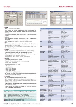 data-logger                                                                                                                      Electrochemistry




= Table
  Data is always stored in a table.                                                     Specifications                                D230
   Each module has its own programmable table containing an un-                         pH               Range                        0...14 pH
   limited number of lines (maximum depends on available computer                                        Resolution                   0.001 pH
   memory).                                                                                              Accuracy                     0.1% ± 1 digit
                                                                                                         Calibration                  1...2 points
   Comments can easily be added to each line in a special information
                                                                                                         Buffers                      9 pre-programmed
   column.
                                                                                                                                      2 user specified
= Starting                                                                                               Temperature compensation     -30...+130°C
  Data-logging can start/stop automatically or at a programmable                                         ISO-pH                       6...8 pH
  date/time.                                                                                             Slope                        80...120%
   Data-logging can be stopped or continued at any moment.                              mV               Range                        ±2000 mV
= Files                                                                                                  Resolution                   0.1 mV
  All data is saved in a user defined file. Just open the file to view,                                  Accuracy                     0.1% ± 1 digit
  process or print the stored data.                                                                      Calibration                  1 point
   All measurements are saved in CSV format which is easily trans-                      ION              Range                        0.01 ng/l...100 g/l
   ferred into spreadsheets.                                                                             Resolution                   3 digits
                                                                                                         Accuracy                     0.5% ± 1 digit
= Graphs
                                                                                                         Calibration                  2 points + blank
  Graphs are generated using automatic or user defined settings.
                                                                                        DISSOLVED        Range                        0...60 mg/l (0...600%)
   The number of visible values can be changed at any time.                             OXYGEN           Resolution                   0.01 mg/l (0.1%)
   Programmable alarm limits for each graph allow to print a report                                      Accuracy                     1% ± 1 digit
   indicating when limits have been exceeded.                                                            Calibration                  1 point
   Shows statistics about minima, maxima, averages etc...                                                Temperature compensation     0...50°C
                                                                                                         Salinity compensation        0...40 ppt
= Settings
                                                                                                         Air pressure compensation    800...1200 hPa
  Languages: English, Dutch or French.
                                                                                        CONDUCTIVITY     Range (cc dependent)         0...2000 mS/cm
   The style of each window can be set up separately.                                                    Resolution (cc dependent)    0.001 µS/cm
   Choose fonts, colours etc...                                                                          Accuracy                     0.5% f.s. of range
   Documented printouts will show:                                                                       Calibration                  1 point
                                                                                                         Standards                    0.01/0.1/1 M KCl
   -   file name.
                                                                                                                                      3 user specified
   -   date and time.
                                                                                                         Cell constant (cc)           0.01/0.1/1/10 cm-1 ± 50%
   -   name of the operator.
                                                                                                         Temperature compensation     -30...+130°C
   -   name of the company.
   -   name of the division.                                                                             Reference temperature        20° or 25°C
   -   optional notes by the operator.                                                                   Temperature coefficient      natural waters (EN27888)
                                                                                                         Capacitive compensation      ü
   All settings are stored in a configuration file and automatically re-
                                                                                        TDS              Range                        0...100 g/l
   called when opening the program.
                                                                                                         Resolution                   0.01 mg/l
= Functions                                                                             TEMPERATURE      Range                        -30...+130°C
  All functions are accessible through the menu.                                                         Resolution                   0.1°C
   Only valid options appear in the menu to eliminate set-up errors.                                     Accuracy                     0.3°C
   Special buttons, icons and short-keys allow the user to easily access                                 Calibration                  1 point
   the most useful functions.                                                           CHANNELS         pH/mV/Ion/Dissolved oxygen   4...28
                                                                                                         Conductivity                 4...28
   The contents of each window can be transferred to other programs
                                                                                                         Temperature                  4...28
   by using a copy function.
                                                                                        INPUTS           pH/mV/Ion/Dissolved oxygen   BNC, 1012 Ω
   Tile or cascade the windows and arrange the icons fully automati-                                     Conductivity                 BNC
   cally or rearrange them manually.                                                                     Temperature                  2 banana, for Pt1000
                                                                                        CALIBRATION      GLP                          ü
CODE     DESCRIPTION                                                                    DATA-LOGGING     Data sets                    unlimited
D230     Data-logger: central unit for 7 modules + software + RS232 cable +                              Interval                     4 s ... 24 h
         mains lead                                                                     SOFTWARE         Languages                    EN, NL, FR
D291     Module for pH/mV/Ion/O2/°C with 4+4 channels                                   SECURITY         Password protection          ü
D292     Module for conductivity/TDS/°C with 4+4 channels                               AMBIENT          Temperature                  0...40°C
D298     Data cable to connect 2 data-loggers with each other (optional)                CONDITIONS       Humidity                     0...95%, non condensing
D299     Blanc frontpanel to cover unused module space (optional)                       POWER SUPPLY     Mains                        210...250 VAC, 50/60 Hz
è Add a $-sign for 120 VAC versions, e.g.: D230$                                        DIMENSIONS       WxDxH                        48x24x13 cm
è Add a U-sign for UK plug versions, e.g.: D230U                                        WEIGHT           Meter                        10 kg


Consort • Tel: (+32) (0)14 41 12 79 • Fax: (+32) (0)14 42 91 79 • E-mail: sales@consort.be                                                                     29
 