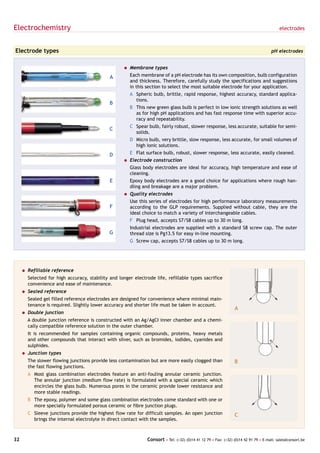 Electrochemistry                                                                                                                         electrodes



Electrode types                                                                                                                     pH electrodes


                                                   = Membrane types

                                             A        Each membrane of a pH electrode has its own composition, bulb configuration
                                                      and thickness. Therefore, carefully study the specifications and suggestions
                                                      in this section to select the most suitable electrode for your application.
                                                      A Spheric bulb, brittle, rapid response, highest accuracy, standard applica-
                                                        tions.
                                             B
                                                      B This new green glass bulb is perfect in low ionic strength solutions as well
                                                        as for high pH applications and has fast response time with superior accu-
                                                        racy and repeatability.
                                                      C Spear bulb, fairly robust, slower response, less accurate, suitable for semi-
                                             C
                                                        solids.
                                                      D Micro bulb, very brittle, slow response, less accurate, for small volumes of
                                                        high ionic solutions.
                                             D        E Flat surface bulb, robust, slower response, less accurate, easily cleaned.
                                                   = Electrode construction
                                                      Glass body electrodes are ideal for accuracy, high temperature and ease of
                                                      cleaning.
                                             E        Epoxy body electrodes are a good choice for applications where rough han-
                                                      dling and breakage are a major problem.
                                                   = Quality electrodes
                                                      Use this series of electrodes for high performance laboratory measurements
                                             F        according to the GLP requirements. Supplied without cable, they are the
                                                      ideal choice to match a variety of interchangeable cables.
                                                      F Plug head, accepts S7/S8 cables up to 30 m long.
                                                      Industrial electrodes are supplied with a standard S8 screw cap. The outer
                                             G        thread size is Pg13.5 for easy in-line mounting.
                                                      G Screw cap, accepts S7/S8 cables up to 30 m long.




     = Refillable reference
       Selected for high accuracy, stability and longer electrode life, refillable types sacrifice
       convenience and ease of maintenance.
     = Sealed reference
       Sealed gel filled reference electrodes are designed for convenience where minimal main-
       tenance is required. Slightly lower accuracy and shorter life must be taken in account.
                                                                                                               A
     = Double junction
       A double junction reference is constructed with an Ag/AgCI inner chamber and a chemi-
       cally compatible reference solution in the outer chamber.
       It is recommended for samples containing organic compounds, proteins, heavy metals
       and other compounds that interact with silver, such as bromides, iodides, cyanides and
       sulphides.
     = Junction types
       The slower flowing junctions provide less contamination but are more easily clogged than                B
       the fast flowing junctions.
       A Most glass combination electrodes feature an anti-fouling annular ceramic junction.
         The annular junction (medium flow rate) is formulated with a special ceramic which
         encircles the glass bulb. Numerous pores in the ceramic provide lower resistance and
         more stable readings.
       B The epoxy, polymer and some glass combination electrodes come standard with one or
         more specially formulated porous ceramic or fibre junction plugs.
       C Sleeve junctions provide the highest flow rate for difficult samples. An open junction                C
         brings the internal electrolyte in direct contact with the samples.



32                                                            Consort • Tel: (+32) (0)14 41 12 79 • Fax: (+32) (0)14 42 91 79 • E-mail: sales@consort.be
 