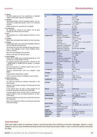 controllers                                                                                                                     Electrochemistry

= Inputs                                                                   Specifications                                 R3620
  Two BNC inputs for pH, mV, conductivity or dissolved                     pH                 Range                       -2...+16 pH
  oxygen and two BNC inputs for temperature.                                                  Resolution                  0.001 pH
= Outputs                                                                                     Accuracy                    0.1% ± 1 digit
  Two programmable 4-20 mA analogue outputs, for con-                                         Calibration                 1...5 points
  nection to a proportional pump, a PLC or an industrial                                      Buffers                     11 pre-programmed + 5 user specified
  recorder.                                                                                   Temperature compensation    -30...+130°C
   RS485 interface for connection to a computer.                                              ISO-pH                      6...8 pH
                                                                                              Slope                       80...120%
= Connections
                                                                           mV                 Range                       ±2000 mV
  All connections, except for the inputs, can be done
                                                                                              Resolution                  0.1 mV
  through the internal screw terminals.
                                                                                              Accuracy                    0.1% ± 1 digit
= GLP                                                                                         Calibration                 1 point
  All procedures for a "Good Laboratory Practice" are on                   CONDUCTIVITY       Range (cc dependent)        0...2000 mS/cm
  board.                                                                                      Resolution (cc dependent)   0.001 µS/cm
= Cabinet                                                                                     Accuracy                    0.5% f.s. of range
  Robust dust and splash-proof cabinet for wall mounting.                                     Calibration                 1...3 points
= Display                                                                                     Standards                   0.01/0.1/1 M KCl + 3 user specified
  A large bright LCD screen with white backlight enables to                                   Cell constant (cc)          0.05...15 cm-1
  view all channels simultaneously.                                                           Temperature compensation    -30...+130°C
   The interactive LCD screen provides step by step instruc-                                  Reference temperature       20° or 25°C
   tions in the language of your choice (English, Dutch,                                      Temperature coefficient     natural waters (EN27888)
   French, German).                                                                           Capacitive compensation     ü
                                                                           DISSOLVED OXYGEN   Range                       0...60 mg/l (0...600%)
   Real-time clock displays time and date.
                                                                                              Resolution                  0.01 mg/l (0.1%)
   Shows a GLP report on the LCD screen.                                                      Accuracy                    1% ± 1 digit
= Data-logging                                                                                Calibration                 1 point
  Stores up to 12000 values including temperature, time                                       Temperature compensation    0...50°C
  and date at a programmable interval.                                                        Salinity compensation       0...40 ppt
   An optional powerful data acquisition software for PC                                      Air pressure compensation   600...1300 hPa
   + RS485/RS232 or RS485/Ethernet adaptor is available                    TEMPERATURE        Range                       -30...+130°C
   separately.                                                                                Resolution                  0.1°C
                                                                                              Accuracy                    0.3°C
   Can be connected in a network system with up to 31
                                                                                              Calibration                 1 point
   controllers and a computer.
                                                                           AIR PRESSURE       Range                       600...1300 hPa
   Two-way communication with any computer using                                              Calibration                 1 point
   RS485.
                                                                           CHANNELS           Measurement                 2
   Programmable identification number.                                                        Temperature                 2
   Stores minimum/maximum readings for each channel.                       INPUTS             Measurement                 2 BNC, 1012 Ω
= Special features                                                                            Temperature                 2 BNC, for Pt1000
  Three year warranty.                                                     CALIBRATION        Reminder                    0...999 h
                                                                                              GLP                         ü
   No electrical interference between electrodes in the
                                                                           CONTROL            On/Off                      ü
   same solution.
                                                                                              Proportional                ü
   Galvanic input/output insulation eliminates ground loop                                    Wash program                ü
   interferences.                                                                             Alarm timer                 ü
   A first special timer can start a wash program for an                   DISPLAY            LCD                         240x64 pixels
   automatic periodical cleaning of the electrodes.                                           White backlight             ü
   A second special timer can give alarm to interrupt the                                     Real time clock             ü
   process control in case of a pump overfeed or an elec-                  ANALOG OUTPUT      Two outputs                 4...20 mA, max. 300 Ω load
   trode failure.                                                          COMMUNICATION      RS485, baud rate            300...19200 b/s
                                                                                              Computer                    via RS485/RS232 interface
   Password protection prevents any unauthorised access to
                                                                           DATA-LOGGING       Data sets                   12000
   the instrument.
                                                                                              Modes                       all
   Easy in-line calibration without removing the electrodes                                   Interval                    1 s...4 h
   from their fittings.                                                                       Four relays                 4 solid state
                                                                           RELAY OUTPUT
                                                                                              Voltage                     12...250 VAC/ min. 1 mA/ max. 1 A
                                                                           SECURITY           Identification number       ü
                                                                                              Password protection         ü
                                                                           AMBIENT            Temperature                 0...40°C
                                                                           CONDITIONS         Humidity                    0...95%, non condensing
                                                                           POWER SUPPLY       Mains                       210...250 VAC, 50/60 Hz
                                                                           DIMENSIONS         WxDxH                       28x17x6 cm
                                                                           WEIGHT             Meter                       1.3 kg




SOLID STATE RELAY
Solid state relays contain no mechanical contacts. Long life and spark-free switching are the main advantages. However, a small
leakage current can cause unwanted switching-on when controlling very low power loads (<1 mA). It cannot be used for controlling
DC loads!

Consort • Tel: (+32) (0)14 41 12 79 • Fax: (+32) (0)14 42 91 79 • E-mail: sales@consort.be                                                                  43
 