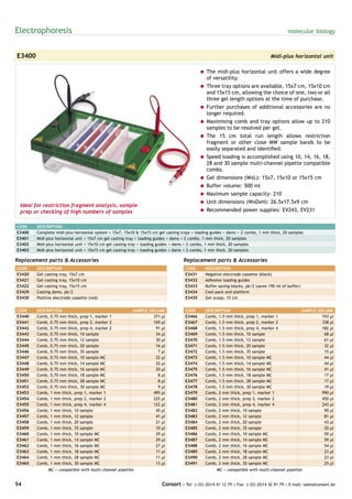 Electrophoresis                                                                                                                           molecular biology



E3400                                                                                                                            Midi-plus horizontal unit

                                                                                            = The midi-plus horizontal unit offers a wide degree
                                                                                              of versatility.
                                                                                            = Three tray options are available, 15x7 cm, 15x10 cm
                                                                                              and 15x15 cm, allowing the choice of one, two or all
                                                                                              three gel length options at the time of purchase.
                                                                                            = Further purchases of additional accessories are no
                                                                                              longer required.
                                                                                            = Maximising comb and tray options allow up to 210
                                                                                              samples to be resolved per gel.
                                                                                            = The 15 cm total run length allows restriction
                                                                                              fragment or other close MW sample bands to be
                                                                                              easily separated and identified.
                                                                                            = Speed loading is accomplished using 10, 14, 16, 18,
                                                                                              28 and 30 sample multi-channel pipette compatible
                                                                                              combs.
                                                                                            = Gel dimensions (WxL): 15x7, 15x10 or 15x15 cm
                                                                                            = Buffer volume: 500 ml
                                                                                            = Maximum sample capacity: 210
                                                                                            = Unit dimensions (WxDxH): 26.5x17.5x9 cm
 Ideal for restriction fragment analysis, sample
 prep or checking of high numbers of samples                                                = Recommended power supplies: EV243, EV231


CODE    DESCRIPTION
E3400   Complete midi-plus horizontal system + 15x7, 15x10 & 15x15 cm gel casting trays + loading guides + dams + 2 combs, 1 mm thick, 20 samples
E3401   Midi-plus horizontal unit + 15x7 cm gel casting tray + loading guides + dams + 2 combs, 1 mm thick, 20 samples
E3402   Midi-plus horizontal unit + 15x10 cm gel casting tray + loading guides + dams + 2 combs, 1 mm thick, 20 samples
E3403   Midi-plus horizontal unit + 15x15 cm gel casting tray + loading guides + dams + 2 combs, 1 mm thick, 20 samples

Replacement parts & Accessories                                                    Replacement parts & Accessories
CODE    DESCRIPTION                                                                 CODE      DESCRIPTION
E3420   Gel casting tray, 15x7 cm                                                   E3431     Negative electrode cassette (black)
E3421   Gel casting tray, 15x10 cm                                                  E3432     Adhesive loading guides
E3422   Gel casting tray, 15x15 cm                                                  E3433     Buffer saving blocks, pk/2 (saves 190 ml of buffer)
E3429   Casting dams, pk/2                                                          E3434     Cool-pack and platform
E3430   Positive electrode cassette (red)                                           E3435     Gel scoop, 15 cm


CODE    DESCRIPTION                                      SAMPLE VOLUME              CODE      DESCRIPTION                                           SAMPLE VOLUME
E3440   Comb, 0.75 mm thick, prep 1, marker 1                     371 µl            E3466     Comb, 1.5 mm thick, prep 1, marker 1                           743 µl
E3441   Comb, 0.75 mm thick, prep 2, marker 2                     169 µl            E3467     Comb, 1.5 mm thick, prep 2, marker 2                           338 µl
E3442   Comb, 0.75 mm thick, prep 4, marker 2                      91 µl            E3468     Comb, 1.5 mm thick, prep 4, marker 4                           182 µl
E3443   Comb, 0.75 mm thick, 10 sample                             34 µl            E3469     Comb, 1.5 mm thick, 10 sample                                   68 µl
E3444   Comb, 0.75 mm thick, 12 sample                             30 µl            E3470     Comb, 1.5 mm thick, 12 sample                                   61 µl
E3445   Comb, 0.75 mm thick, 20 sample                             16 µl            E3471     Comb, 1.5 mm thick, 20 sample                                   32 µl
E3446   Comb, 0.75 mm thick, 35 sample                              7 µl            E3472     Comb, 1.5 mm thick, 35 sample                                   15 µl
E3447   Comb, 0.75 mm thick, 10 sample MC                          22 µl            E3473     Comb, 1.5 mm thick, 10 sample MC                                44 µl
E3448   Comb, 0.75 mm thick, 14 sample MC                          22 µl            E3474     Comb, 1.5 mm thick, 14 sample MC                                44 µl
E3449   Comb, 0.75 mm thick, 16 sample MC                          20 µl            E3475     Comb, 1.5 mm thick, 16 sample MC                                41 µl
E3450   Comb, 0.75 mm thick, 18 sample MC                           8 µl            E3476     Comb, 1.5 mm thick, 18 sample MC                                17 µl
E3451   Comb, 0.75 mm thick, 28 sample MC                           8 µl            E3477     Comb, 1.5 mm thick, 28 sample MC                                17 µl
E3452   Comb, 0.75 mm thick, 30 sample MC                           9 µl            E3478     Comb, 1.5 mm thick, 30 sample MC                                19 µl
E3453   Comb, 1 mm thick, prep 1, marker 1                        495 µl            E3479     Comb, 2 mm thick, prep 1, marker 1                             990 µl
E3454   Comb, 1 mm thick, prep 2, marker 2                        225 µl            E3480     Comb, 2 mm thick, prep 2, marker 2                             450 µl
E3455   Comb, 1 mm thick, prep 4, marker 4                        122 µl            E3481     Comb, 2 mm thick, prep 4, marker 4                             243 µl
E3456   Comb, 1 mm thick, 10 sample                                45 µl            E3482     Comb, 2 mm thick, 10 sample                                     90 µl
E3457   Comb, 1 mm thick, 12 sample                                41 µl            E3483     Comb, 2 mm thick, 12 sample                                     81 µl
E3458   Comb, 1 mm thick, 20 sample                                21 µl            E3484     Comb, 2 mm thick, 20 sample                                     43 µl
E3459   Comb, 1 mm thick, 35 sample                                10 µl            E3485     Comb, 2 mm thick, 35 sample                                     20 µl
E3460   Comb, 1 mm thick, 10 sample MC                             29 µl            E3486     Comb, 2 mm thick, 10 sample MC                                  59 µl
E3461   Comb, 1 mm thick, 14 sample MC                             29 µl            E3487     Comb, 2 mm thick, 14 sample MC                                  59 µl
E3462   Comb, 1 mm thick, 16 sample MC                             27 µl            E3488     Comb, 2 mm thick, 16 sample MC                                  54 µl
E3463   Comb, 1 mm thick, 18 sample MC                             11 µl            E3489     Comb, 2 mm thick, 18 sample MC                                  23 µl
E3464   Comb, 1 mm thick, 28 sample MC                             11 µl            E3490     Comb, 2 mm thick, 28 sample MC                                  23 µl
E3465   Comb, 1 mm thick, 30 sample MC                             13 µl            E3491     Comb, 2 mm thick, 30 sample MC                                  25 µl
              MC = compatible with multi-channel pipettes                                           MC = compatible with multi-channel pipettes


54                                                                      Consort • Tel: (+32) (0)14 41 12 79 • Fax: (+32) (0)14 42 91 79 • E-mail: sales@consort.be
 