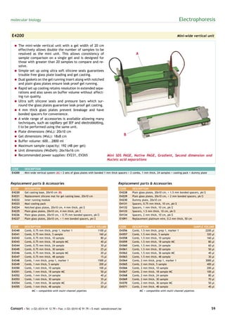 molecular biology                                                                                                                        Electrophoresis

E4200                                                                                                                                 Mini-wide vertical unit

  = The mini-wide vertical unit with a gel width of 20 cm
    effectively allows double the number of samples to be
    resolved as the mini unit. This allows consistency of                        A
    sample comparison on a single gel and is designed for
    those with greater than 20 samples to compare and re-
    solve.
  = Simple set up using ultra soft silicone seals guarantees
    trouble free glass plate loading and gel casting.
  = Dual gaskets on the gel running insert along with notched
    and plain glass plates ensure leak proof gel running.
  = Rapid set up cooling retains resolution in extended sepa-
    rations and also saves on buffer volume without affect-
    ing run quality.
  = Ultra soft silicone seals and pressure bars which sur-
    round the glass plates guarantee leak proof gel casting.
  = 4 mm thick glass plates prevent breakage and have
    bonded spacers for convenience.
  = A wide range of accessories is available allowing many
    techniques, such as capillary gel IEF and electroblotting,
    t to be performed using the same unit.
  = Plate dimensions (WxL): 20x10 cm
  = Gel dimensions (WxL): 18x8 cm                                        B
  = Buffer volume: 600...2800 ml
  = Maximum sample capacity: 192 (48 per gel)
  = Unit dimensions (WxDxH): 26x16x16 cm
  = Recommended power supplies: EV231, EV265                   Mini SDS PAGE, Native PAGE, Gradient, Second dimension and
                                                               Nucleic acid separations

CODE       DESCRIPTION
E4200      Mini-wide vertical system (A) + 2 sets of glass plates with bonded 1 mm thick spacers + 2 combs, 1 mm thick, 24 samples + cooling pack + dummy plate



Replacement parts & Accessories                                                        Replacement parts & Accessories
CODE       DESCRIPTION                                                                  CODE      DESCRIPTION
E4220      Gel casting base, 20x10 cm (B)                                               E4228     Plain glass plates, 20x10 cm, + 1.5 mm bonded spacers, pk/2
E4221      Replacement silicone mat for gel casting base, 20x10 cm                      E4229     Plain glass plates, 20x10 cm, + 2 mm bonded spacers, pk/2
E4222      Inner running module                                                         E4230     Dummy plate, 20x10 cm
E4323      Maxi cooling pack                                                            E4131     Spacers, 0.75 mm thick, 10 cm, pk/2
E4224      Notched glass plates, 20x10 cm, 4 mm thick, pk/2                             E4132     Spacers, 1 mm thick, 10 cm, pk/2
E4225      Plain glass plates, 20x10 cm, 4 mm thick, pk/2                               E4133     Spacers, 1.5 mm thick, 10 cm, pk/2
E4226      Plain glass plates, 20x10 cm, + 0.75 mm bonded spacers, pk/2                 E4134     Spacers, 2 mm thick, 10 cm, pk/2
E4227      Plain glass plates, 20x10 cm, + 1 mm bonded spacers, pk/2                    E1091     Replacement platinum wire, 0.2 mm thick, 50 cm


CODE       DESCRIPTION                                       SAMPLE VOLUME              CODE      DESCRIPTION                                       SAMPLE VOLUME
E4340      Comb, 0.75 mm thick, prep 1, marker 1                     1100 µl            E4356     Comb, 1.5 mm thick, prep 1, marker 1                      2200 µl
E4341      Comb, 0.75 mm thick, 5 sample                              160 µl            E4357     Comb, 1.5 mm thick, 5 sample                               320 µl
E4342      Comb, 0.75 mm thick, 10 sample                              80 µl            E4358     Comb, 1.5 mm thick, 10 sample                              160 µl
E4343      Comb, 0.75 mm thick, 18 sample MC                           40 µl            E4359     Comb, 1.5 mm thick, 18 sample MC                            80 µl
E4344      Comb, 0.75 mm thick, 24 sample                              30 µl            E4360     Comb, 1.5 mm thick, 24 sample                               60 µl
E4345      Comb, 0.75 mm thick, 30 sample                              25 µl            E4361     Comb, 1.5 mm thick, 30 sample                               50 µl
E4346      Comb, 0.75 mm thick, 36 sample MC                           20 µl            E4362     Comb, 1.5 mm thick, 36 sample MC                            40 µl
E4347      Comb, 0.75 mm thick, 48 sample                              15 µl            E4363     Comb, 1.5 mm thick, 48 sample                               30 µl
E4348      Comb, 1 mm thick, prep 1, marker 1                        1500 µl            E4364     Comb, 2 mm thick, prep 1, marker 1                        3000 µl
E4349      Comb, 1 mm thick, 5 sample                                 200 µl            E4365     Comb, 2 mm thick, 5 sample                                 400 µl
E4350      Comb, 1 mm thick, 10 sample                                100 µl            E4366     Comb, 2 mm thick, 10 sample                                200 µl
E4351      Comb, 1 mm thick, 18 sample MC                              50 µl            E4367     Comb, 2 mm thick, 18 sample MC                             100 µl
E4352      Comb, 1 mm thick, 24 sample                                 40 µl            E4368     Comb, 2 mm thick, 24 sample                                 80 µl
E4353      Comb, 1 mm thick, 30 sample                                 35 µl            E4369     Comb, 2 mm thick, 30 sample                                 70 µl
E4354      Comb, 1 mm thick, 36 sample MC                              25 µl            E4370     Comb, 2 mm thick, 36 sample MC                              50 µl
E4355      Comb, 1 mm thick, 48 sample                                 20 µl            E4371     Comb, 2 mm thick, 48 sample                                 40 µl
                 MC = compatible with multi-channel pipettes                                            MC = compatible with multi-channel pipettes




Consort • Tel: (+32) (0)14 41 12 79 • Fax: (+32) (0)14 42 91 79 • E-mail: sales@consort.be                                                                        59
 
