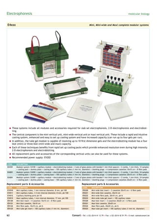 Electrophoresis                                                                                                                            molecular biology



E4xxx                                                                                         Mini, Mini-wide and Maxi complete modular systems




 = These systems include all modules and accessories required for slab sel electrophoresis, 2-D electrophoresis and electroblot-
   ting.
 = The central component is the mini vertical unit, mini-wide vertical unit or maxi vertical unit. These include a rapid and intuitive
   casting system, enhanced and easy to set up cooling system and have increased capacity (can run up to four gels per run).
 = In addition, the tube gel module is capable of resolving up to 10 first dimension gels and the electroblotting module has a four
   blot (mini) or three blot (mini-wide and maxi) capacity.
 = Each of these techniques benefits from rapid set up cooling packs which provide enhanced resolution even during high intensity
   2-D electrophoresis and electroblotting.
 = All replacement parts and accessories of the corresponding vertical units can also be used for these systems.
 = Recommended power supply: EV202

CODE    DESCRIPTION
E4101   Modular system: E4100 + capillary module + electroblotting module + 2 sets of glass plates with bonded 1 mm thick spacers + 2 combs, 1 mm thick, 12 samples
        + cooling pack + dummy plate + casting base + 100 capillary tubes (1 mm int. diameter) + blanking plugs + 4 compression cassettes 10x10 cm + 8 fibre pads
E4201   Modular system: E4200 + capillary module + electroblotting module + 2 sets of glass plates with bonded 1 mm thick spacers + 2 combs, 1 mm thick, 24 samples
        + cooling pack + dummy plate + casting base + 100 capillary tubes (1 mm int. diameter) + blanking plugs + 3 compression cassettes 20x10 cm + 6 fibre pads
E4301   Modular system: E4300 + capillary module + electroblotting module + 2 sets of glass plates with bonded 1 mm thick spacers + 2 combs, 1 mm thick, 24 samples
        + cooling pack + dummy plate + casting base + 100 capillary tubes (1 mm int. diameter) + blanking plugs + 3 compression cassettes 20x20 cm + 6 fibre pads

Replacement parts & Accessories                                                      Replacement parts & Accessories
CODE    DESCRIPTION                                                                   CODE      DESCRIPTION
E1010   Mini capillary tubes, 1 mm internal diameter, 8 mm, pk/100                    E5220     Mini-wide blot insert + 3 cassettes 20x10 cm + 6 fibre pads
E1011   Mini capillary tubes, 1.5 mm internal diameter, 8 mm, pk/100                  E5221     Mini-wide blot cassette, 20x10 cm
E1012   Capillary blanking ports pk/10                                                E5222     Mini-wide fibre pads, 20x10 cm, pk/6
E1013   Maxi capillary tubes, 1 mm internal diameter, 17 mm, pk/100                   E5223     Mini-wide tube gel insert + 100 capillary tubes
E5120   Mini blot insert + 4 cassettes 10x10 cm + 8 fibre pads                        E5320     Maxi blot insert + 3 cassettes 20x20 cm + 6 fibre pads
E5121   Mini blot cassette, 10x10 cm                                                  E5321     Maxi blot cassette, 20x20 cm
E5122   Mini fibre pads, 10x10 cm, pk/6                                               E5322     Maxi fibre pads, 20x20 cm, pk/6
E5123   Mini tube gel insert + 100 capillary tubes (1 mm int. diameter)               E5323     Maxi tube gel insert + 100 capillary tubes (1 mm int. diameter)


62                                                                        Consort • Tel: (+32) (0)14 41 12 79 • Fax: (+32) (0)14 42 91 79 • E-mail: sales@consort.be
 