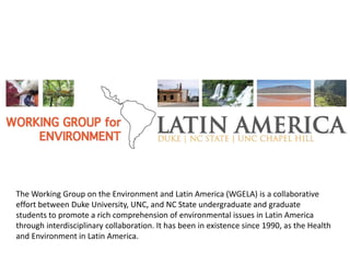 The Working Group on the Environment and Latin America (WGELA) is a collaborative
effort between Duke University, UNC, and NC State undergraduate and graduate
students to promote a rich comprehension of environmental issues in Latin America
through interdisciplinary collaboration. It has been in existence since 1990, as the Health
and Environment in Latin America.
 