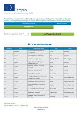 Page 90 of 210
http://eacea.ec.europa.eu
Form version : 1.3.1 EN Adobe Reader version : 10.106
Submission number:
543724-TEMPUS-1-2013-1-LT-TEMPUS-JPCR
Please list other grant applications submitted by your organisation, or the department responsible, for this project
proposal. For each grant application, please mention the EU Programme concerned and the amount requested.
Programme concerned Amount requested
Add a project
Number of organisations to add * : 1 Add organisation(s)
List of partner organisations
Partner no Role Organisation Name City Country
P1 Applicant
Vilniaus Gedemino Technicos
Universitetas
Vilnius Lithuania
P2 Partner Technische Universität Berlin Berlin Germany
P3 Partner Brunel University London Uxbridge, Middlesex United Kingdom
P4 Partner
Engineering, Consulting and
Management Office
Berlin Germany
P5 Partner
Belarusian National Technical
University
Minsk Belarus
P6 Partner Belarusian State University Minsk Belarus
P7 Partner Polotsk State University Novopolotsk Belarus
P8 Partner
Kazan National Research Technical
University n.a.Tupolev
Kazan Russian Federation
P9 Partner Omsk State Technical University Omsk Russian Federation
P10 Partner
Ryazan State Radio Engineering
University
Ryazan Russian Federation
P11 Partner Far Eastern Federal University Vladivostok Russian Federation
P12 Partner Ural Federal University Ekaterinburg Russian Federation
P13 Partner
Cherkassy State Technological
University
Cherkasy Ukraine
 