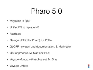 Pharo 5.0
• Migration to Spur
• UniﬁedFFI to replace NB
• FastTable
• Garage (JDBC for Pharo). G. Polito
• GLORP new port and documentation. E. Maringolo
• OSSubprocess. M. Martinez-Peck
• Voyage-Mongo with replica set. M. Dias
• Voyage-Unqlite
 
