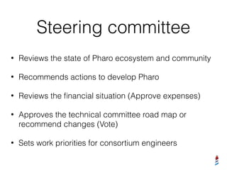 Steering committee
• Reviews the state of Pharo ecosystem and community
• Recommends actions to develop Pharo
• Reviews the ﬁnancial situation (Approve expenses)
• Approves the technical committee road map or
recommend changes (Vote)
• Sets work priorities for consortium engineers
 