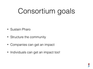 Consortium goals
• Sustain Pharo
• Structure the community
• Companies can get an impact
• Individuals can get an impact too!
 