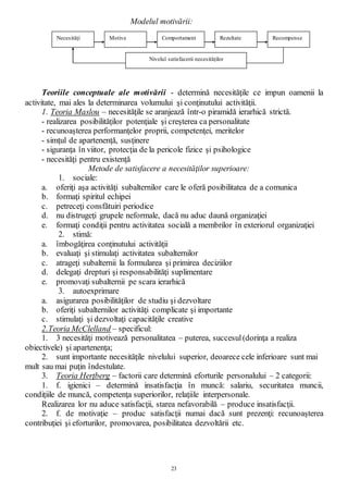 23
Modelul motivării:
Teoriile conceptuale ale motivării - determină necesităţile ce impun oamenii la
activitate, mai ales la determinarea volumului şi conţinutului activităţii.
1. Teoria Maslou – necesităţile se aranjează într-o piramidă ierarhică strictă.
- realizarea posibilităţilor potenţiale şi creşterea ca personalitate
- recunoaşterea performanţelor proprii, competenţei, meritelor
- simţul de apartenenţă, susţinere
- siguranţa în viitor, protecţia de la pericole fizice şi psihologice
- necesităţi pentru existenţă
Metode de satisfacere a necesităţilor superioare:
1. sociale:
a. oferiţi aşa activităţi subalternilor care le oferă posibilitatea de a comunica
b. formaţi spiritul echipei
c. petreceţi consfătuiri periodice
d. nu distrugeţi grupele neformale, dacă nu aduc daună organizaţiei
e. formaţi condiţii pentru activitatea socială a membrilor în exteriorul organizaţiei
2. stimă:
a. îmbogăţirea conţinutului activităţii
b. evaluaţi şi stimulaţi activitatea subalternilor
c. atrageţi subalternii la formularea şi primirea deciziilor
d. delegaţi drepturi şi responsabilităţi suplimentare
e. promovaţi subalternii pe scara ierarhică
3. autoexprimare
a. asigurarea posibilităţilor de studiu şi dezvoltare
b. oferiţi subalternilor activităţi complicate şi importante
c. stimulaţi şi dezvoltaţi capacităţile creative
2.Teoria McClelland – specificul:
1. 3 necesităţi motivează personalitatea – puterea, succesul(dorinţa a realiza
obiectivele) şi apartenenţa;
2. sunt importante necesităţile nivelului superior, deoarece cele inferioare sunt mai
mult sau mai puţin îndestulate.
3. Teoria Herţberg – factorii care determină eforturile personalului – 2 categorii:
1. f. igienici – determină insatisfacţia în muncă: salariu, securitatea muncii,
condiţiile de muncă, competenţa superiorilor, relaţiile interpersonale.
Realizarea lor nu aduce satisfacţii, starea nefavorabilă – produce insatisfacţii.
2. f. de motivaţie – produc satisfacţii numai dacă sunt prezenţi: recunoaşterea
contribuţiei şi eforturilor, promovarea, posibilitatea dezvoltării etc.
Necesităţi Motive Comportament Rezultate Recompense
Nivelul satisfacerii necesităţilor
 