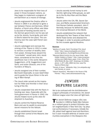 Jewish Defense League

     Jews to be responsible for their loss of         • Jesuits secretly funnel money to anti-
     power in those European nations, so                Semitic right-wing militia groups, as well
     they began to implement a program of               as to the Ku Klux Klan and the Black
     anti-Semitism as a means of revenge.               Muslims.
   • Jesuits engineered the Dreyfus affair in         • Jesuits within the CIA, FBI, Secret Ser-
     France in 1894 in an attempt to ignite a           vice, and Mafia assassinated America’s
     war between France and Germany. Alfred             first Roman Catholic president, John F.
     Dreyfus, a French army officer, was false-         Kennedy, because he defied the pope,
     ly accused of handing secrets over to              the Universal Monarch of the World.
     the German government, but he was set            • Jesuits established the network that
     up by the Jesuits, found guilty, and sent          destroyed the Twin Towers of New York’s
     to Devil’s Island for ten years. The con-          World Trade Center and attacked the
     troversy over the case split French soci-          Pentagon in order to provide justification
     ety in two.                                        for the crusade against Muslims.
   • Jesuits sabotaged and oversaw the             Sources
     sinking of the Titanic in 1912 in order       “Ignatius of Loyola, Saint: Founding of the Jesuit
     to remove a number of wealthy Jews               Order.” http://www.encyclopedia.com/html/
     from power. Among those aboard the               section/IgnatiusL_FoundingoftheJesuitOrder.asp.
     “unsinkable” vessel were John Jacob           “Maniacal World Control thru the Jesuit Order: Well-
     Astor, considered at the time the                Hidden Soldiers of Satan.” http://www.conspiracy
     wealthiest man in the world; Benjamin            archive.com/NWO/black_pope_1.htm. [From The
                                                      SPECTRUM, P Box 1567, Tehachapi, CA 93581;
                                                                    .O.
     Guggenheim, of M. Guggenheim and                 phone: 1_877_280_2866 toll_free; www.The
     Sons; and Isidor Strauss, one of the             SpectrumNews.org.]
     founders of Macy’s.                           “Society of Jesus.” Wikipedia. http://en.wikipedia.org/
                                                      wiki/Society_of_Jesus.
   • Jesuits assigned one of their number,         “Vatican Assassins: ‘Wounded in the House of My
     Bernhardt Staempfle, to tutor Adolf Hitler       Friends.’” http://www.vaticanassassins.org.
     and to guide the future führer in the writ-
     ing of Mein Kampf.
   • The Jesuit order served as the inspira-               JEWISH
     tion for Hitler and Himmler in their struc-
     turing of the SS.                                 DEFENSE LEAGUE
   • Jesuits cooperated fully with the Nazis in    Not to be confused with the Anti-Defamation
     handing over Jews. Especially with the        League’s philosophy of nonviolence, the Jewish
     Vichy government in France in 1942, the       Defense League vows that Jews will fight back.
     Jesuits helped round up the Jews for
     shipment to Auschwitz.                             he Jewish Defense League (JDL) was
   • Jesuits control the Federal Reserve           T    founded in 1968 by Rabbi Meir Kahane
                                                   as a militant group to protect Orthodox Jew-
     Bank and use its wealth to accomplish
     secret missions for the Vatican.              ish neighborhoods in New York City—by phys-
                                                   ical confrontations if necessary. Initially the
   • Jesuits established Zionist Israel            JDL pitted itself against local anti-Semitism,
     through their control of the Masonic Jew-     but it soon included defense of Jewish com-
     ish Zionists.                                 munities everywhere in the Diaspora (the

C O NS PI R AC I E S   AND   SECRET SOCIETIES                                                      [223]
 