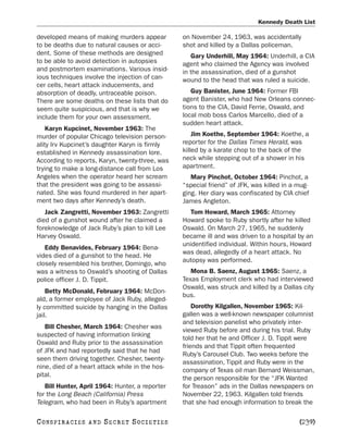 Kennedy Death List

developed means of making murders appear         on November 24, 1963, was accidentally
to be deaths due to natural causes or acci-      shot and killed by a Dallas policeman.
dent. Some of these methods are designed            Gary Underhill, May 1964: Underhill, a CIA
to be able to avoid detection in autopsies       agent who claimed the Agency was involved
and postmortem examinations. Various insid-      in the assassination, died of a gunshot
ious techniques involve the injection of can-    wound to the head that was ruled a suicide.
cer cells, heart attack inducements, and
absorption of deadly, untraceable poison.           Guy Banister, June 1964: Former FBI
There are some deaths on these lists that do     agent Banister, who had New Orleans connec-
seem quite suspicious, and that is why we        tions to the CIA, David Ferrie, Oswald, and
include them for your own assessment.            local mob boss Carlos Marcello, died of a
                                                 sudden heart attack.
    Karyn Kupcinet, November 1963: The
murder of popular Chicago television person-         Jim Koethe, September 1964: Koethe, a
ality Irv Kupcinet’s daughter Karyn is firmly    reporter for the Dallas Times Herald, was
established in Kennedy assassination lore.       killed by a karate chop to the back of the
According to reports, Karyn, twenty-three, was   neck while stepping out of a shower in his
trying to make a long-distance call from Los     apartment.
Angeles when the operator heard her scream          Mary Pinchot, October 1964: Pinchot, a
that the president was going to be assassi-      “special friend” of JFK, was killed in a mug-
nated. She was found murdered in her apart-      ging. Her diary was confiscated by CIA chief
ment two days after Kennedy’s death.             James Angleton.
   Jack Zangretti, November 1963: Zangretti         Tom Howard, March 1965: Attorney
died of a gunshot wound after he claimed a       Howard spoke to Ruby shortly after he killed
foreknowledge of Jack Ruby’s plan to kill Lee    Oswald. On March 27, 1965, he suddenly
Harvey Oswald.                                   became ill and was driven to a hospital by an
                                                 unidentified individual. Within hours, Howard
   Eddy Benavides, February 1964: Bena-
                                                 was dead, allegedly of a heart attack. No
vides died of a gunshot to the head. He
                                                 autopsy was performed.
closely resembled his brother, Domingo, who
was a witness to Oswald’s shooting of Dallas        Mona B. Saenz, August 1965: Saenz, a
police officer J. D. Tippit.                     Texas Employment clerk who had interviewed
                                                 Oswald, was struck and killed by a Dallas city
    Betty McDonald, February 1964: McDon-
                                                 bus.
ald, a former employee of Jack Ruby, alleged-
ly committed suicide by hanging in the Dallas        Dorothy Kilgallen, November 1965: Kil-
jail.                                            gallen was a well-known newspaper columnist
                                                 and television panelist who privately inter-
   Bill Chesher, March 1964: Chesher was
                                                 viewed Ruby before and during his trial. Ruby
suspected of having information linking
                                                 told her that he and Officer J. D. Tippit were
Oswald and Ruby prior to the assassination
                                                 friends and that Tippit often frequented
of JFK and had reportedly said that he had
                                                 Ruby’s Carousel Club. Two weeks before the
seen them driving together. Chesher, twenty-
                                                 assassination, Tippit and Ruby were in the
nine, died of a heart attack while in the hos-
                                                 company of Texas oil man Bernard Weissman,
pital.
                                                 the person responsible for the “JFK Wanted
   Bill Hunter, April 1964: Hunter, a reporter   for Treason” ads in the Dallas newspapers on
for the Long Beach (California) Press            November 22, 1963. Kilgallen told friends
Telegram, who had been in Ruby’s apartment       that she had enough information to break the

C O NS PI R AC I E S   AND   SECRET SOCIETIES                                             [239]
 