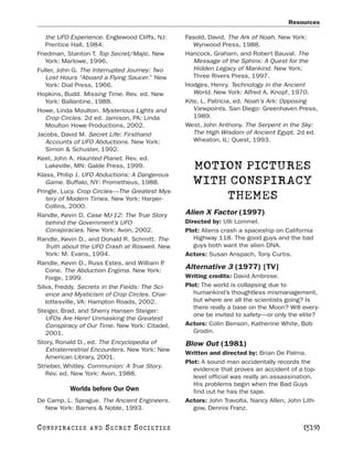Resources

   the UFO Experience. Englewood Cliffs, NJ:     Fasold, David. The Ark of Noah. New York:
   Prentice Hall, 1984.                             Wynwood Press, 1988.
Friedman, Stanton T. Top Secret/Majic. New       Hancock, Graham, and Robert Bauval. The
   York: Marlowe, 1996.                             Message of the Sphinx: A Quest for the
Fuller, John G. The Interrupted Journey: Two        Hidden Legacy of Mankind. New York:
   Lost Hours “Aboard a Flying Saucer.” New         Three Rivers Press, 1997.
   York: Dial Press, 1966.                       Hodges, Henry. Technology in the Ancient
Hopkins, Budd. Missing Time. Rev. ed. New           World. New York: Alfred A. Knopf, 1970.
   York: Ballantine, 1988.                       Kite, L. Patricia, ed. Noah’s Ark: Opposing
Howe, Linda Moulton. Mysterious Lights and          Viewpoints. San Diego: Greenhaven Press,
   Crop Circles. 2d ed. Jamison, PA: Linda          1989.
   Moulton Howe Productions, 2002.               West, John Anthony. The Serpent in the Sky:
Jacobs, David M. Secret Life: Firsthand             The High Wisdom of Ancient Egypt. 2d ed.
   Accounts of UFO Abductions. New York:            Wheaton, IL: Quest, 1993.
   Simon & Schuster, 1992.
Keel, John A. Haunted Planet. Rev. ed.
   Lakeville, MN: Galde Press, 1999.               MOTION PICTURES
Klass, Philip J. UFO Abductions: A Dangerous
   Game. Buffalo, NY: Prometheus, 1988.            WITH CONSPIRACY
Pringle, Lucy. Crop Circles—The Greatest Mys-
   tery of Modern Times. New York: Harper-             THEMES
   Collins, 2000.
Randle, Kevin D. Case MJ-12: The True Story      Alien X Factor (1997)
   behind the Government’s UFO                   Directed by: Ulli Lommel.
   Conspiracies. New York: Avon, 2002.           Plot: Aliens crash a spaceship on California
Randle, Kevin D., and Donald R. Schmitt. The        Highway 118. The good guys and the bad
   Truth about the UFO Crash at Roswell. New        guys both want the alien DNA.
   York: M. Evans, 1994.                         Actors: Susan Anspach, Tony Curtis.
Randle, Kevin D., Russ Estes, and William P  .
   Cone. The Abduction Engima. New York:
                                                 Alternative 3 (1977) [TV]
   Forge, 1999.                                  Writing credits: David Ambrose.
Silva, Freddy. Secrets in the Fields: The Sci-   Plot: The world is collapsing due to
   ence and Mysticism of Crop Circles. Char-        humankind’s thoughtless mismanagement,
   lottesville, VA: Hampton Roads, 2002.            but where are all the scientists going? Is
                                                    there really a base on the Moon? Will every-
Steiger, Brad, and Sherry Hansen Steiger:
                                                    one be invited to safety—or only the elite?
   UFOs Are Here! Unmasking the Greatest
   Conspiracy of Our Time. New York: Citadel,    Actors: Colin Benson, Katherine White, Bob
   2001.                                            Grodin.
Story, Ronald D., ed. The Encyclopedia of        Blow Out (1981)
   Extraterrestrial Encounters. New York: New
                                                 Written and directed by: Brian De Palma.
   American Library, 2001.
                                                 Plot: A sound man accidentally records the
Strieber, Whitley. Communion: A True Story.
                                                    evidence that proves an accident of a top-
   Rev. ed. New York: Avon, 1988.
                                                    level official was really an assassination.
                                                    His problems begin when the Bad Guys
             Worlds before Our Own                  find out he has the tape.
De Camp, L. Sprague. The Ancient Engineers.      Actors: John Travolta, Nancy Allen, John Lith-
  New York: Barnes & Noble, 1993.                   gow, Dennis Franz.


C O NS PI R AC I E S   AND   SECRET SOCIETIES                                             [519]
 