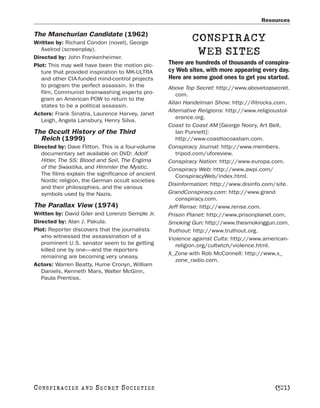 Resources

The Manchurian Candidate (1962)
Written by: Richard Condon (novel), George
                                                            CONSPIRACY
   Axelrod (screenplay).
Directed by: John Frankenheimer.
                                                             WEB SITES
Plot: This may well have been the motion pic-      There are hundreds of thousands of conspira-
   ture that provided inspiration to MK-ULTRA      cy Web sites, with more appearing every day.
   and other CIA-funded mind-control projects      Here are some good ones to get you started.
   to program the perfect assassin. In the         Above Top Secret: http://www.abovetopsecret.
   film, Communist brainwashing experts pro-          com.
   gram an American POW to return to the
                                                   Allan Handelman Show: http://ifitrocks.com.
   states to be a political assassin.
                                                   Alternative Religions: http://www.religioustol-
Actors: Frank Sinatra, Laurence Harvey, Janet
                                                      erance.org.
   Leigh, Angela Lansbury, Henry Silva.
                                                   Coast to Coast AM [George Noory, Art Bell,
The Occult History of the Third                       Ian Punnett]:
  Reich (1999)                                        http://www.coasttocoastam.com.
Directed by: Dave Flitton. This is a four-volume   Conspiracy Journal: http://www.members.
   documentary set available on DVD: Adolf            tripod.com/uforeview.
   Hitler, The SS: Blood and Soil, The Engima      Conspiracy Nation: http://www.europa.com.
   of the Swastika, and Himmler the Mystic.        Conspiracy Web: http://www.awpi.com/
   The films explain the significance of ancient      ConspiracyWeb/index.html.
   Nordic religion, the German occult societies
                                                   Disinformation: http://www.disinfo.com/site.
   and their philosophies, and the various
   symbols used by the Nazis.                      GrandConspiracy.com: http://www.grand
                                                      conspiracy.com.
The Parallax View (1974)                           Jeff Rense: http://www.rense.com.
Written by: David Giler and Lorenzo Semple Jr.     Prison Planet: http://www.prisonplanet.com.
Directed by: Alan J. Pakula.                       Smoking Gun: http://www.thesmokinggun.com.
Plot: Reporter discovers that the journalists      Truthout: http://www.truthout.org.
   who witnessed the assassination of a            Violence against Cults: http://www.american-
   prominent U.S. senator seem to be getting          religion.org/cultwtch/violence.html.
   killed one by one—and the reporters
                                                   X_Zone with Rob McConnell: http://www.x_
   remaining are becoming very uneasy.
                                                      zone_radio.com.
Actors: Warren Beatty, Hume Cronyn, William
   Daniels, Kenneth Mars, Walter McGinn,
   Paula Prentiss.




C O NS PI R AC I E S   AND   SECRET SOCIETIES                                               [521]
 