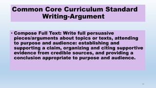 Common Core Curriculum Standard
Writing-Argument
• Compose Full Text: Write full persuasive
pieces/arguments about topics or texts, attending
to purpose and audience: establishing and
supporting a claim, organizing and citing supportive
evidence from credible sources, and providing a
conclusion appropriate to purpose and audience.
39
 