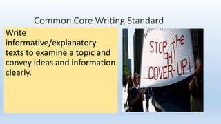 Common Core Writing Standard
Write
informative/explanatory
texts to examine a topic and
convey ideas and information
clearly.
 