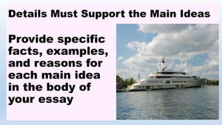 Details Must Support the Main Ideas
Provide specific
facts, examples,
and reasons for
each main idea
in the body of
your essay
 