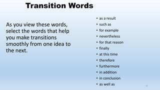 Transition Words
As you view these words,
select the words that help
you make transitions
smoothly from one idea to
the next.
• as a result
• such as
• for example
• nevertheless
• for that reason
• finally
• at this time
• therefore
• furthermore
• in addition
• in conclusion
• as well as 52
 