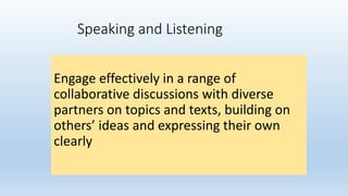 Speaking and Listening
Engage effectively in a range of
collaborative discussions with diverse
partners on topics and texts, building on
others’ ideas and expressing their own
clearly
 