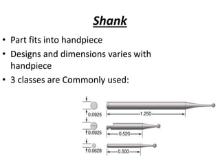 Shank
• Part fits into handpiece
• Designs and dimensions varies with
handpiece
• 3 classes are Commonly used:
 