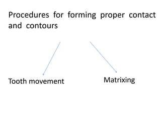 Procedures for forming proper contact
and contours
Tooth movement Matrixing
 