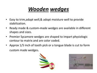 Wooden wedges
• Easy to trim,adapt well,& adopt moisture well to provide
stabilization.
• Ready made & custom-made wedges are available in different
shapes and sizes.
• Premier Sycamore wedges are shaped to impart physiologic
contour to matrix and are color coded.
• Approx 1/5 inch of tooth pick or a tongue blade is cut to form
custom made wedges.
 