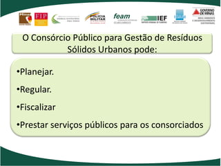O Consórcio Público para Gestão de Resíduos
Sólidos Urbanos pode:
•Planejar.
•Regular.
•Fiscalizar
•Prestar serviços públicos para os consorciados
 
