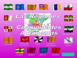 ASTURIASASTURIAS
COMUNIDADCOMUNIDAD
DE MADRIDDE MADRID
COMUNIDADCOMUNIDAD
VALENCIANAVALENCIANA
CASTILLA LACASTILLA LA
MANCHAMANCHA
CANTABRIACANTABRIACANARIASCANARIASBALEARESBALEARESARAGÓNARAGÓNANDALUCÍAANDALUCÍA
EXTREMADURAEXTREMADURA
EUSKADIEUSKADI
GALICIAGALICIACATALUÑACATALUÑA
CASTILLACASTILLA
LEÓNLEÓN
NAVARRANAVARRAMELILLAMELILLAMURCIAMURCIALA RIOJALA RIOJA
CEUTACEUTA
SiguienteSiguienteSiguienteSiguiente
 