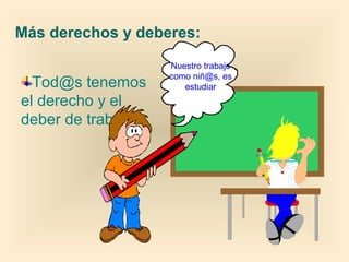 Tod@s tenemos
el derecho y el
deber de trabajar.
Más derechos y deberes:
Nuestro trabajo
como niñ@s, es
estudiar
 