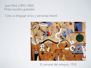 El carnaval del arlequín, 1924
Joan Miró (1893-1983)
Pintor escultor, grabador
Crea un lenguaje único y personal. Infantil
 