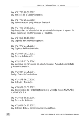 Ley Nº 27783 (20.07.2002)
Ley de Bases de la Descentralización.
Ley Nº 27795 (25.07.2002)
Ley de Demarcación y Organización Territorial.
Ley Nº 27856 (30.10.2002)
Ley de requisitos para la autorización y consentimiento para el ingreso de
tropas extranjeras en el territorio de la República.
Ley Nº 27867 (18.11.2002)
Ley Orgánica de Gobiernos Regionales.
Ley Nº 27972 (27.05.2003)
Ley Orgánica de Municipalidades.
Ley Nº 28044 (29.07.2003)
Ley General de Educación.
Ley Nº 28212 (27.04.2004)
Ley que regula los ingresos de los Altos Funcionarios Autoridades del Estado
y dicta otras medidas.
Ley Nº 28237 (31.05.2004)
Código Procesal Constitucional.
Ley Nº 28278 (16.07.2004)
Ley de Radio y Televisión.
Ley Nº 28579 (09.07.2005)
Ley de conversión del Fondo Hipotecario de la Vivienda - Fondo MIVIVIENDA
a MIVIVIENDA S.A.
Ley Nº 28611 (15.10.2005)
Ley General del Ambiente.
Ley Nº 28621 (04.11.2005)
Ley de líneas de base del dominio marítimo del Perú.
Dirección General de Desarrollo y Ordenamiento Jurídico18
CONSTITUCIÓN POLÍTICA DEL PERÚ
 