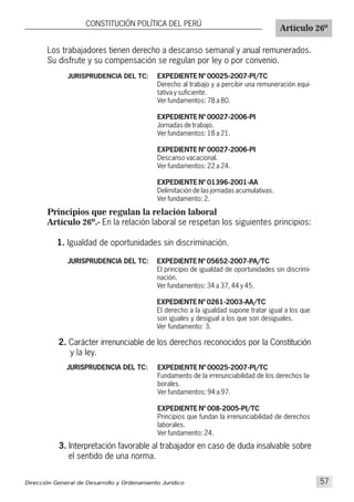 CONSTITUCIÓN POLÍTICA DEL PERÚ
Artículo 26º
Dirección General de Desarrollo y Ordenamiento Jurídico 57
Los trabajadores tienen derecho a descanso semanal y anual remunerados.
Su disfrute y su compensación se regulan por ley o por convenio.
JURISPRUDENCIA DEL TC: EXPEDIENTE Nº 00025-2007-PI/TC
Derecho al trabajo y a percibir una remuneración equi-
tativa y suficiente.
Ver fundamentos: 78 a 80.
EXPEDIENTE Nº 00027-2006-PI
Jornadas de trabajo.
Ver fundamentos: 18 a 21.
EXPEDIENTE Nº 00027-2006-PI
Descanso vacacional.
Ver fundamentos: 22 a 24.
EXPEDIENTE Nº 01396-2001-AA
Delimitación de las jornadas acumulativas.
Ver fundamento: 2.
Principios que regulan la relación laboral
Artículo 26º.- En la relación laboral se respetan los siguientes principios:
1. Igualdad de oportunidades sin discriminación.
2. Carácter irrenunciable de los derechos reconocidos por la Constitución
y la ley.
JURISPRUDENCIA DEL TC:
JURISPRUDENCIA DEL TC: EXPEDIENTE Nº 05652-2007-PA/TC
El principio de igualdad de oportunidades sin discrimi-
nación.
Ver fundamentos: 34 a 37, 44 y 45.
EXPEDIENTE Nº 0261-2003-AA/TC
El derecho a la igualdad supone tratar igual a los que
son iguales y desigual a los que son desiguales.
Ver fundamento: 3.
EXPEDIENTE Nº 00025-2007-PI/TC
Fundamento de la irrenunciabilidad de los derechos la-
borales.
Ver fundamentos: 94 a 97.
EXPEDIENTE Nº 008-2005-PI/TC
Principios que fundan la irrenunciabilidad de derechos
laborales.
Ver fundamento: 24.
3. Interpretación favorable al trabajador en caso de duda insalvable sobre
el sentido de una norma.
 