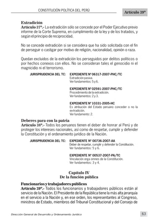CONSTITUCIÓN POLÍTICA DEL PERÚ
Artículo 39º
Dirección General de Desarrollo y Ordenamiento Jurídico 63
JURISPRUDENCIA DEL TC: EXPEDIENTE Nº 06317-2007-PHC/TC
Extradición pasiva.
Ver fundamentos: 5 y 6.
EXPEDIENTE Nº 02591-2007-PHC/TC
Procedimiento de la extradición.
Ver fundamentos: 2 y 3.
EXPEDIENTE Nº 10331-2005-HC
Es atribución del Estado peruano conceder o no la
ex-tradición.
Ver fundamento: 2.
Deberes para con la patria
Artículo 38º.- Todos los peruanos tienen el deber de honrar al Perú y de
proteger los intereses nacionales, así como de respetar, cumplir y defender
la Constitución y el ordenamiento jurídico de la Nación.
EXPEDIENTE Nº 00736-2007-AA
Deber de respetar, cumplir y defender la Constitución.
Ver fundamentos: 5 y 6.
EXPEDIENTE Nº 00537-2007-PA/TC
Vinculación erga omnes de la Constitución.
Ver fundamentos: 3 y 4.
JURISPRUDENCIA DEL TC:
Capítulo IV
De la función pública
Extradición
Artículo 37º.- La extradición sólo se concede por el Poder Ejecutivo previo
informe de la Corte Suprema, en cumplimiento de la ley y de los tratados, y
según el principio de reciprocidad.
No se concede extradición si se considera que ha sido solicitada con el fin
de perseguir o castigar por motivo de religión, nacionalidad, opinión o raza.
Quedan excluidos de la extradición los perseguidos por delitos políticos o
por hechos conexos con ellos. No se consideran tales el genocidio ni el
magnicidio ni el terrorismo.
Funcionarios y trabajadores públicos
Artículo 39º.- Todos los funcionarios y trabajadores públicos están al
servicio de la Nación. El Presidente de la República tiene la más alta jerarquía
en el servicio a la Nación y, en ese orden, los representantes al Congreso,
ministros de Estado, miembros del Tribunal Constitucional y del Consejo de
 